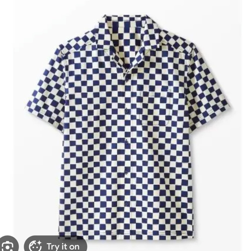 Hanna‎ Andersson Poplin Short Sleeve Button Down Shirt Blue Checkered- Large